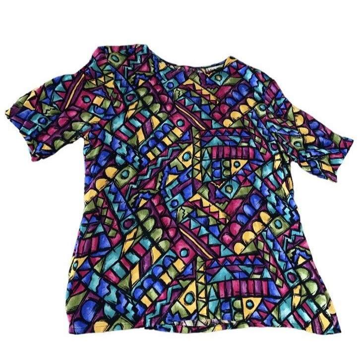 Vintage Blouse Women’s Medium Geometric Short Sleeve Stained Glass Usa Da Kellys